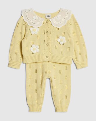 Baby Girls Yellow Broderie Daisy Knit Top Set