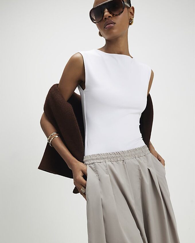 Beige Barrel Leg Pleated Trousers