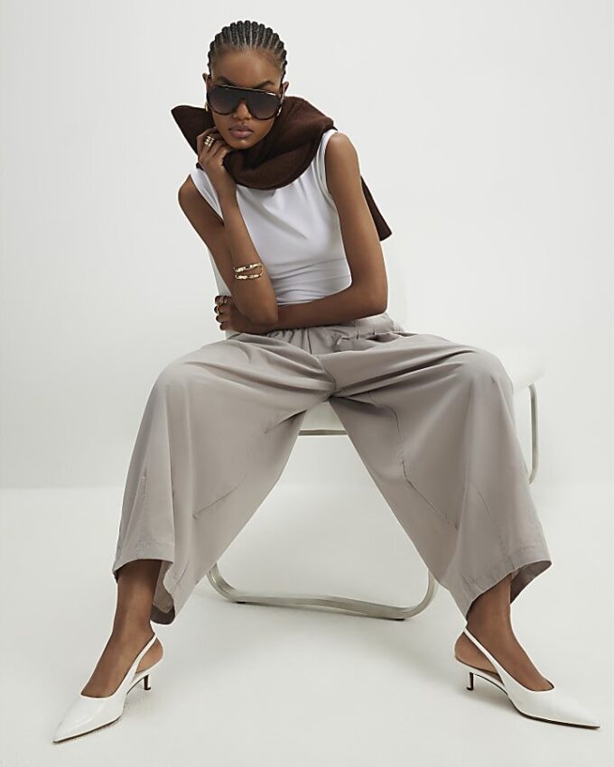 Beige Barrel Leg Pleated Trousers