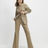 Beige Belted Faux Leather Straight Trousers