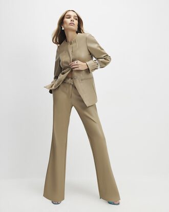 Beige Belted Faux Leather Straight Trousers