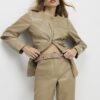 Beige Belted Faux Leather Straight Trousers
