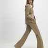 Beige Belted Faux Leather Straight Trousers