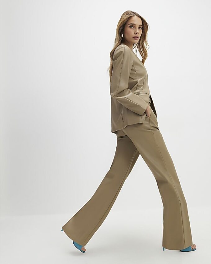 Beige Belted Faux Leather Straight Trousers