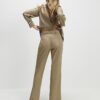 Beige Belted Faux Leather Straight Trousers