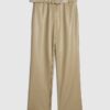 Beige Belted Faux Leather Straight Trousers