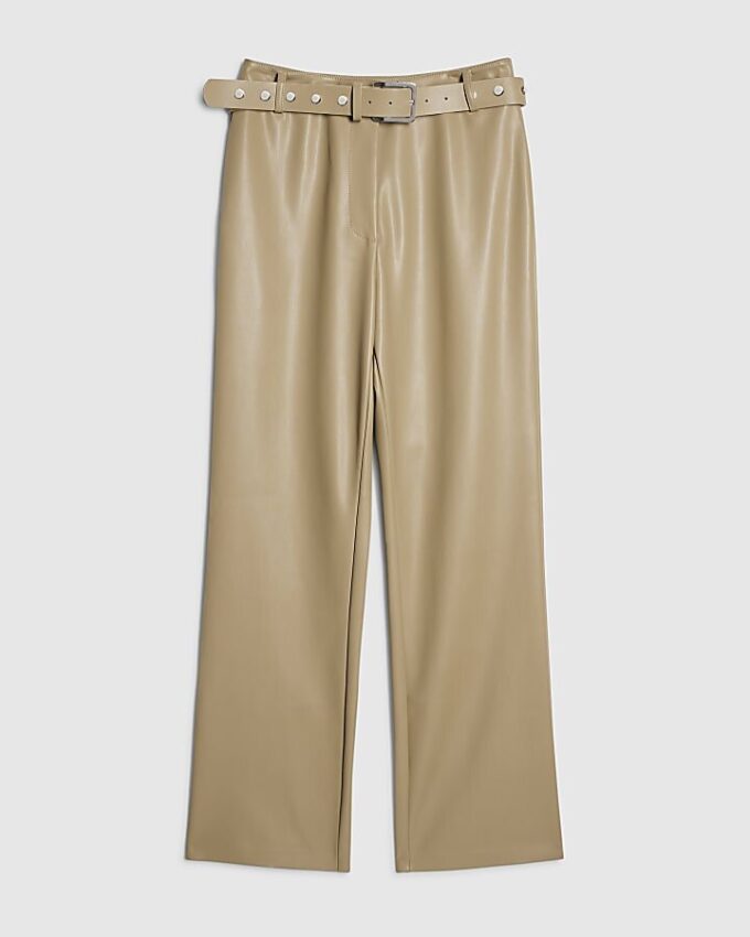 Beige Belted Faux Leather Straight Trousers