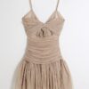 Beige Bow Back Cut Out Tulle Mini Dress