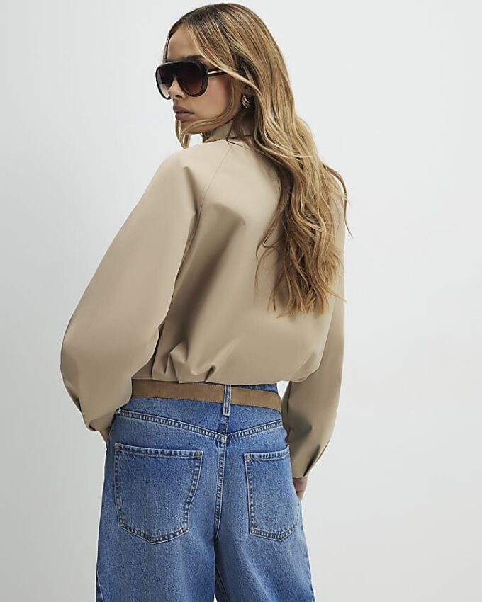 Beige Bubble Hem Bomber Jacket