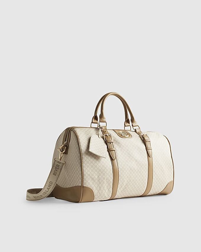 Beige Buckled Monogram Barrell Bag