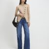 Beige Collarless Asymmetric Waistcoat