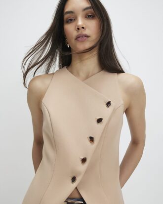 Beige Collarless Asymmetric Waistcoat