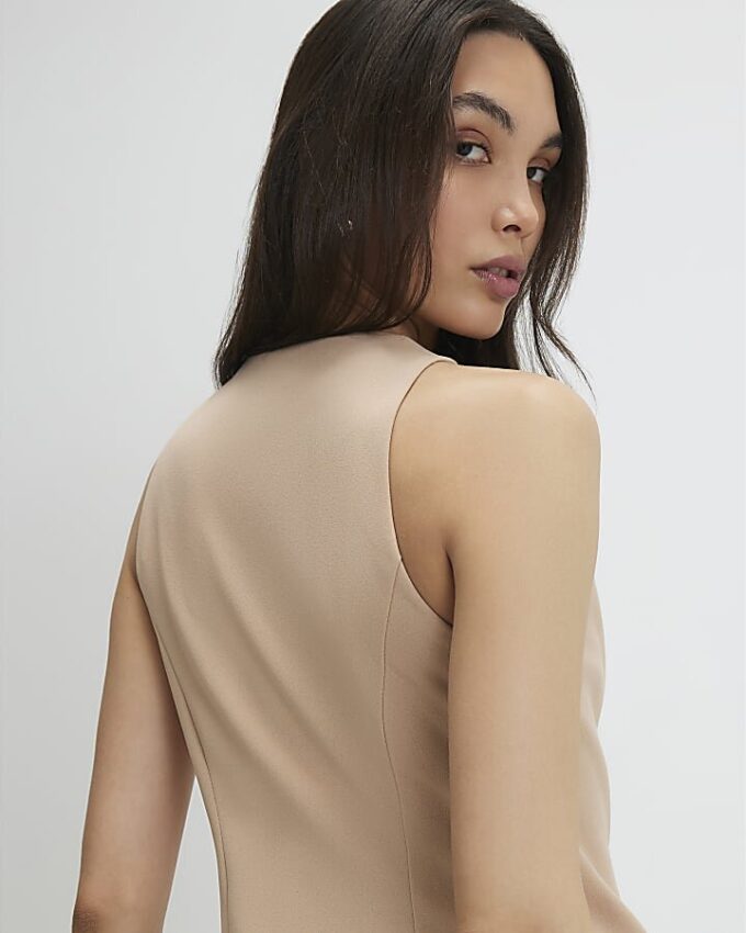 Beige Collarless Asymmetric Waistcoat