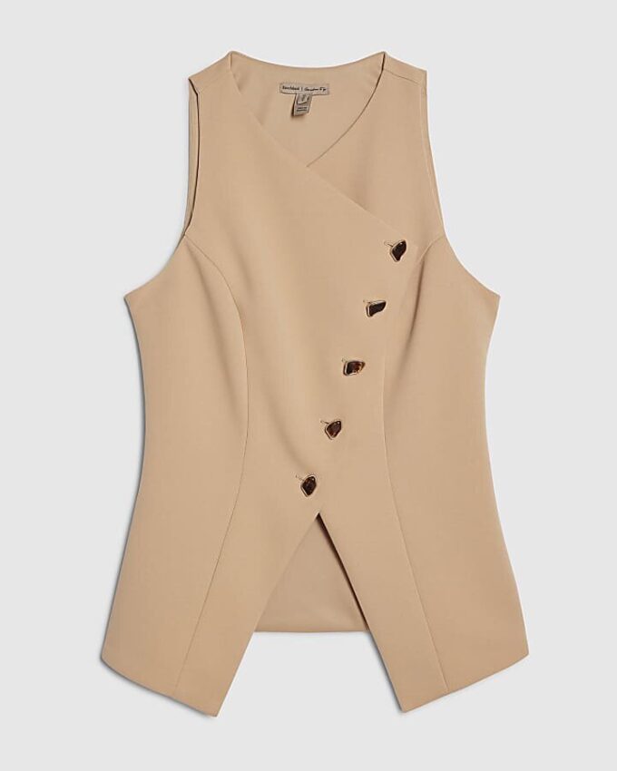 Beige Collarless Asymmetric Waistcoat