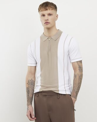 Beige Colour Blocked Stripe Polo Shirt