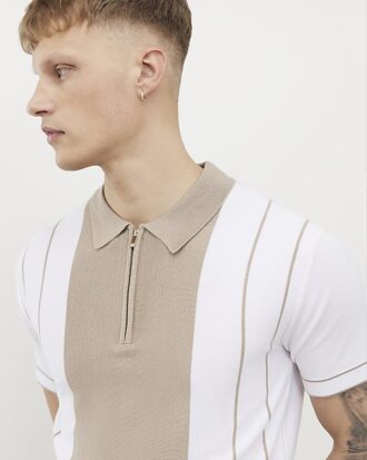 Beige Colour Blocked Stripe Polo Shirt