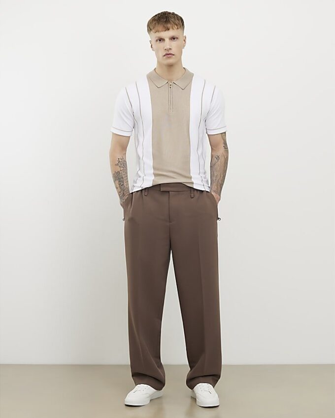 Beige Colour Blocked Stripe Polo Shirt