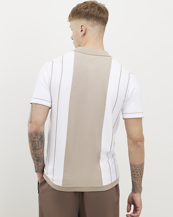Beige Colour Blocked Stripe Polo Shirt
