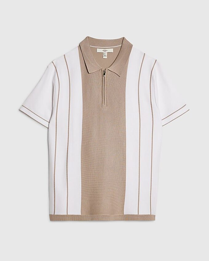 Beige Colour Blocked Stripe Polo Shirt