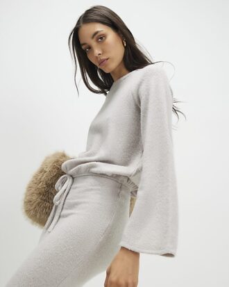 Beige Cosy Long Sleeve Bubble Hem Ribbed Top