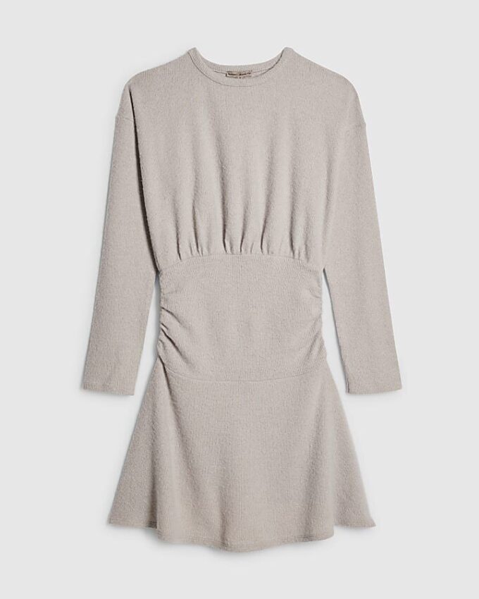 Beige Cosy Long Sleeve Ruched Mini Dress
