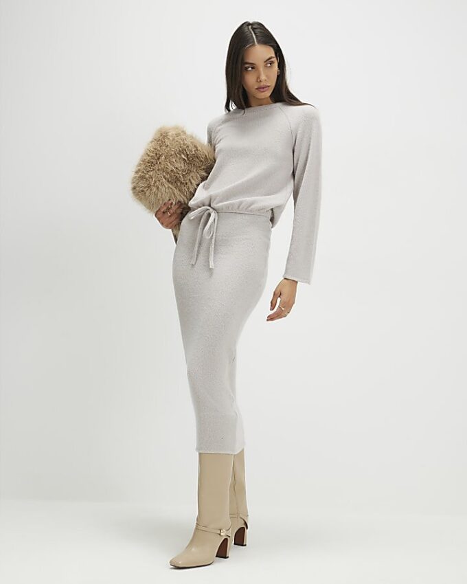 Beige Cosy Ribbed Midi Skirt