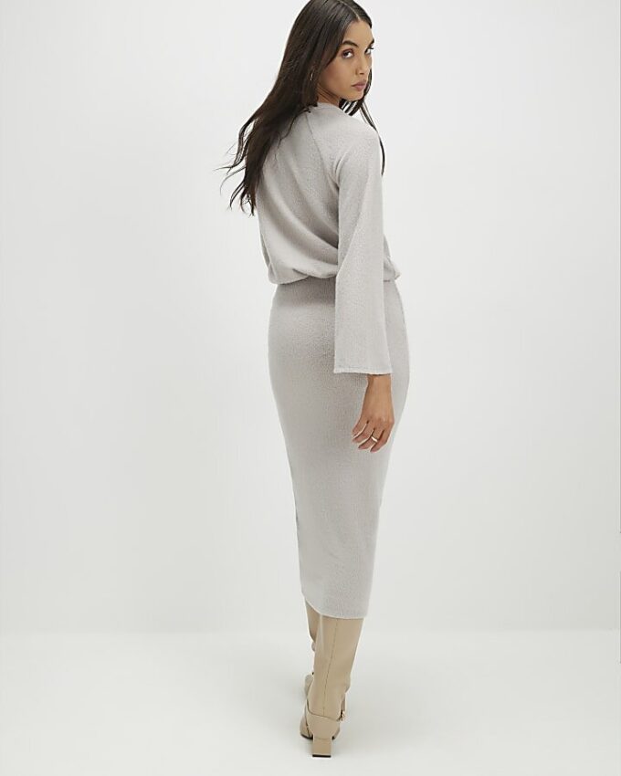 Beige Cosy Ribbed Midi Skirt
