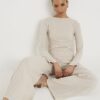 Beige Cosy Wide Leg Ribbed Trousers