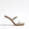 Beige Diamante Double Strap Heeled Mules
