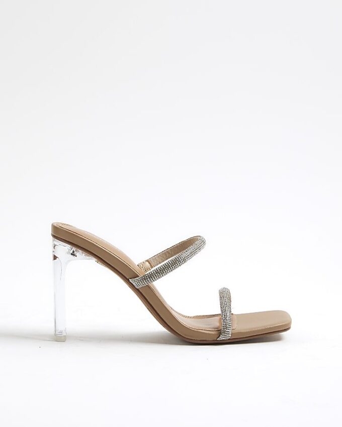 Beige Diamante Double Strap Heeled Mules