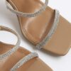 Beige Diamante Double Strap Heeled Mules