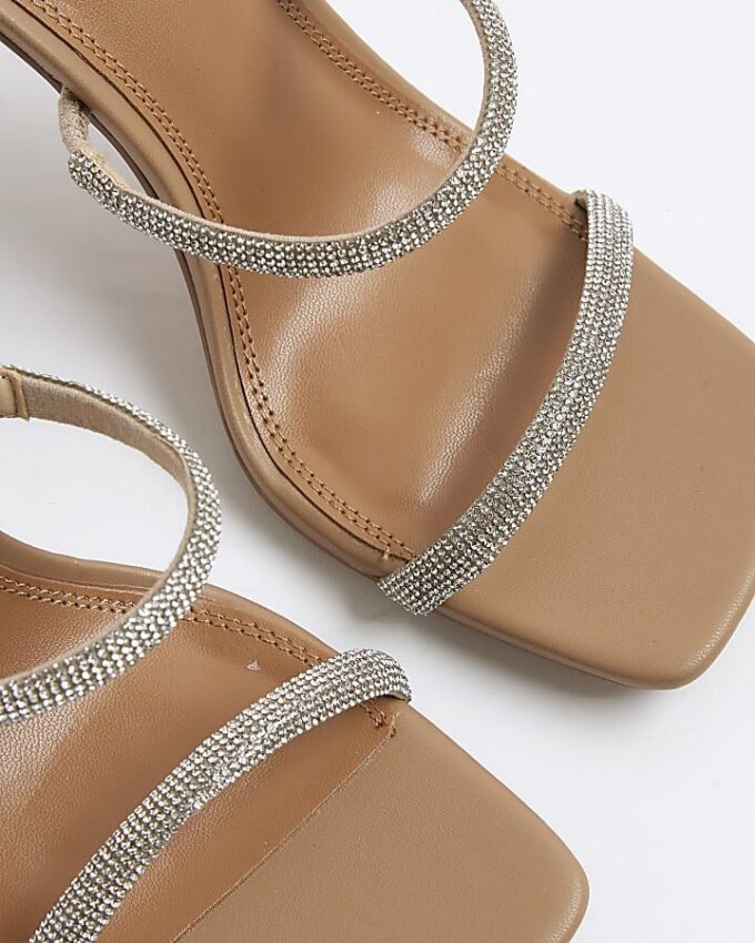 Beige Diamante Double Strap Heeled Mules