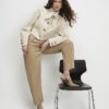 Beige Faux Leather Barrel Leg Trousers