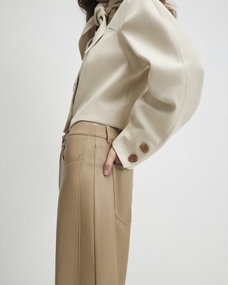 Beige Faux Leather Barrel Leg Trousers