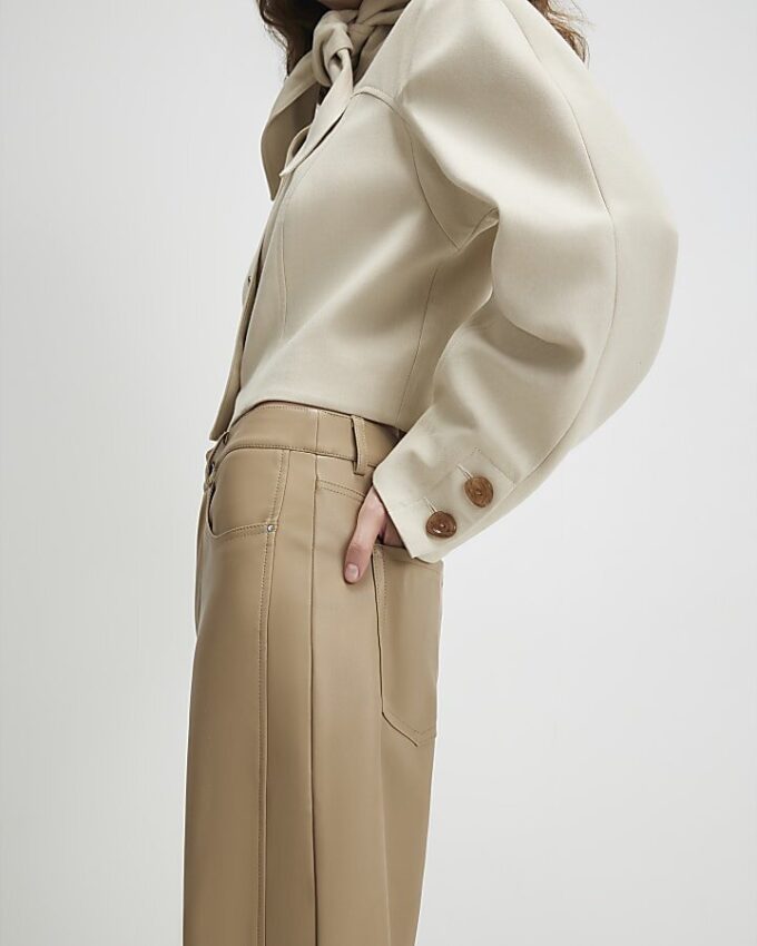 Beige Faux Leather Barrel Leg Trousers
