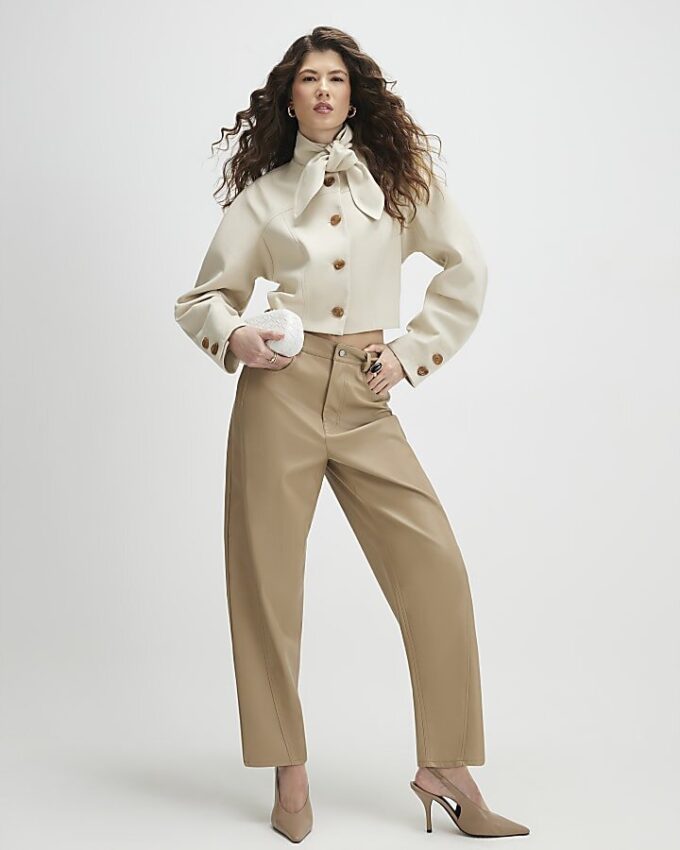 Beige Faux Leather Barrel Leg Trousers