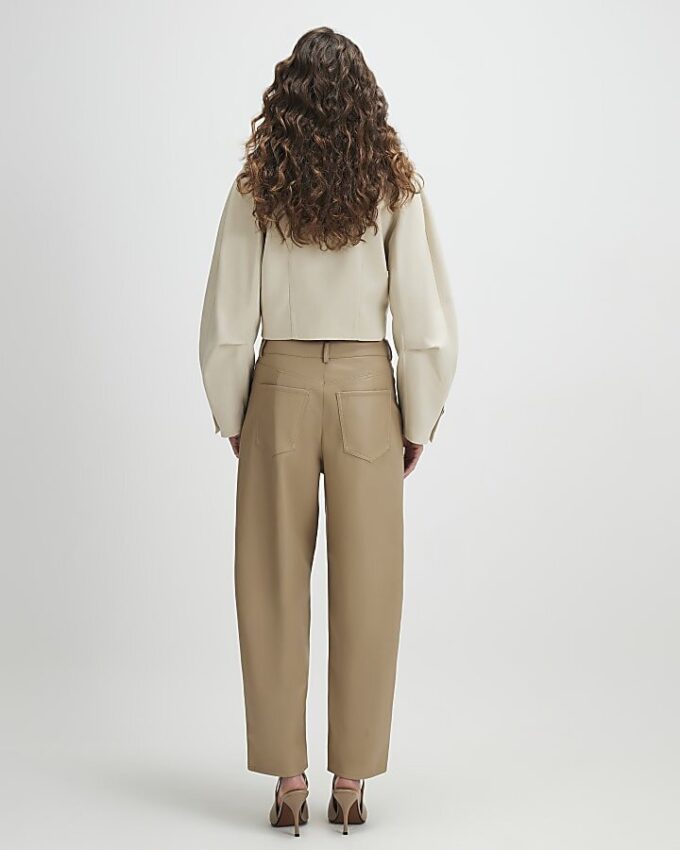 Beige Faux Leather Barrel Leg Trousers