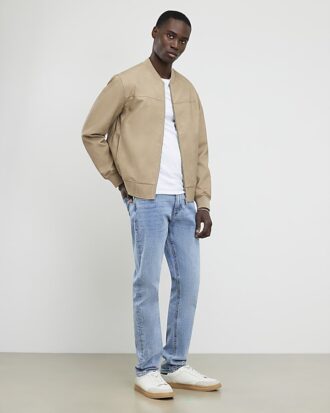 Beige Faux Leather Bomber Jacket