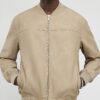 Beige Faux Leather Bomber Jacket