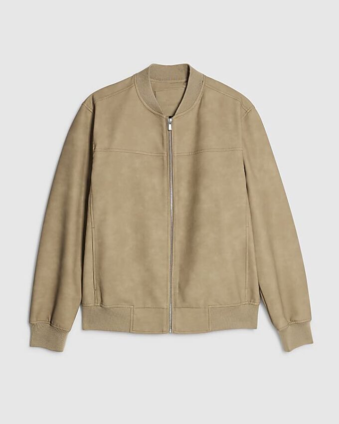 Beige Faux Leather Bomber Jacket