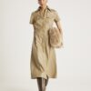 Beige Faux Leather Midi Shirt Dress