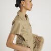 Beige Faux Leather Midi Shirt Dress