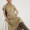 Beige Faux Leather Midi Shirt Dress