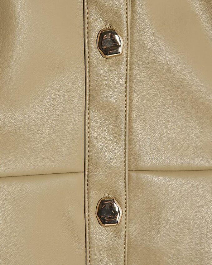 Beige Faux Leather Midi Shirt Dress