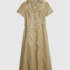 Beige Faux Leather Midi Shirt Dress