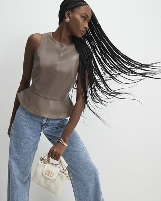 Beige Faux Leather Peplum Top