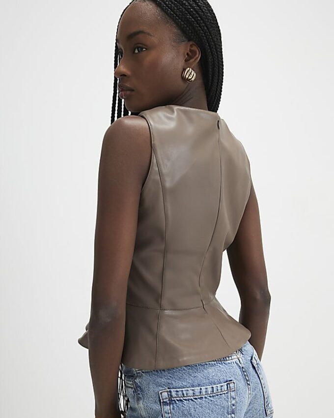 Beige Faux Leather Peplum Top