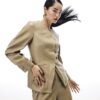 Beige Faux Leather Sculpted Blazer