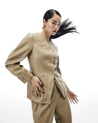 Beige Faux Leather Sculpted Blazer