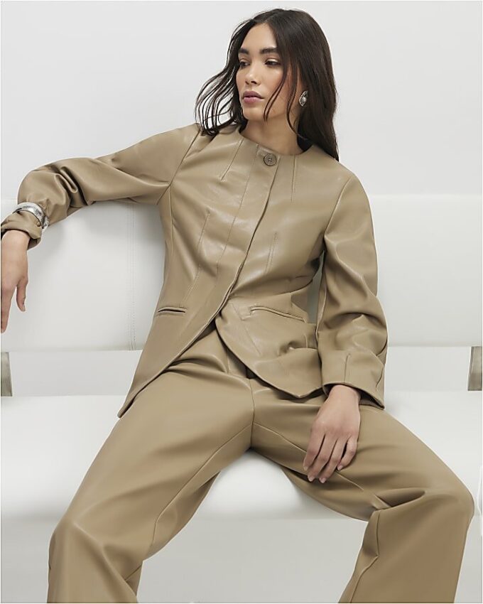 Beige Faux Leather Sculpted Blazer